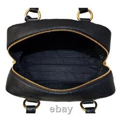 Prada Vitello Phenix Black Leather Stripe Strap Satchel Bag 1BB086