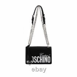 SS20 Moschino Couture Jeremy Scott BLACK LEATHER SHOULDER BAG withWHITE LOGO