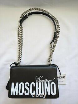 SS20 Moschino Couture Jeremy Scott BLACK LEATHER SHOULDER BAG withWHITE LOGO