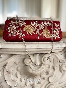 VALENTINO Garavani Embroidered Chrystal Rhinestone RED Silk Evening Bag
