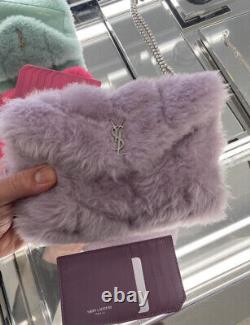 YSL Yves Saint Laurent Lou Lou Shearling Puffer Clutch Bag Lavender + Wallet