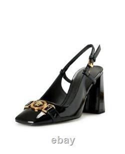 Chaussures à talons Versace Medusa pour femmes en cuir verni noir brillant et doré US 9 EU 9 NIB