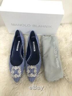 Nib Manolo Blahnik Hangisi Limited Edition Bleu Blanc Vichy Jeweled Appartements 40