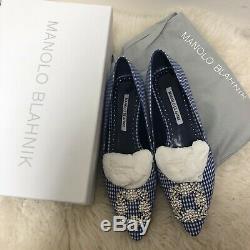 Nib Manolo Blahnik Hangisi Limited Edition Bleu Blanc Vichy Jeweled Appartements 40