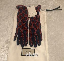 Nwt Gucci Gg Brodé Dentelle Tulle Blue/red Gloves Taille 7/s Édition Limitée