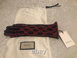 Nwt Gucci Gg Brodé Dentelle Tulle Blue/red Gloves Taille 7/s Édition Limitée