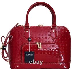 Sac à main en dôme à fermeture éclair supérieure en cuir verni rouge Arcadia Designer italien ? Neuf avec étiquette