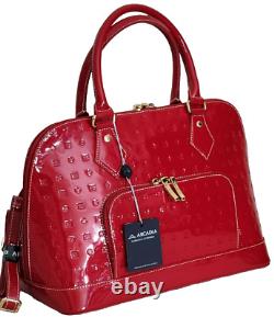 Sac à main en dôme à fermeture éclair supérieure en cuir verni rouge Arcadia Designer italien ? Neuf avec étiquette