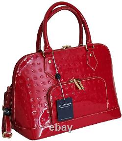 Sac à main en dôme à fermeture éclair supérieure en cuir verni rouge Arcadia Designer italien ? Neuf avec étiquette