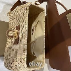 Sac à pique-nique en rotin tissé à la main Kontessa italien, couleur dorée/beige avec bandoulière en cuir