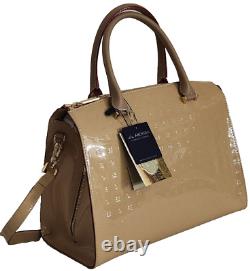 Sac cartable à fermeture éclair supérieure en cuir verni naturel brun de designer italien Arcadia - Neuf avec étiquette