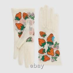 T.n.-o. Gucci Broded Strawberry White Tulle Gants Taille 8/l Edition Limitée